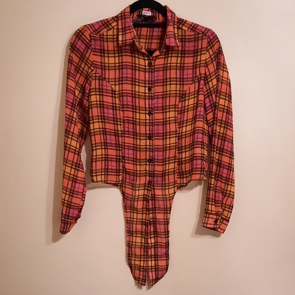 Button Down Tie-Front Plaid Shirt Blouse Size S - Picture 6 of 7